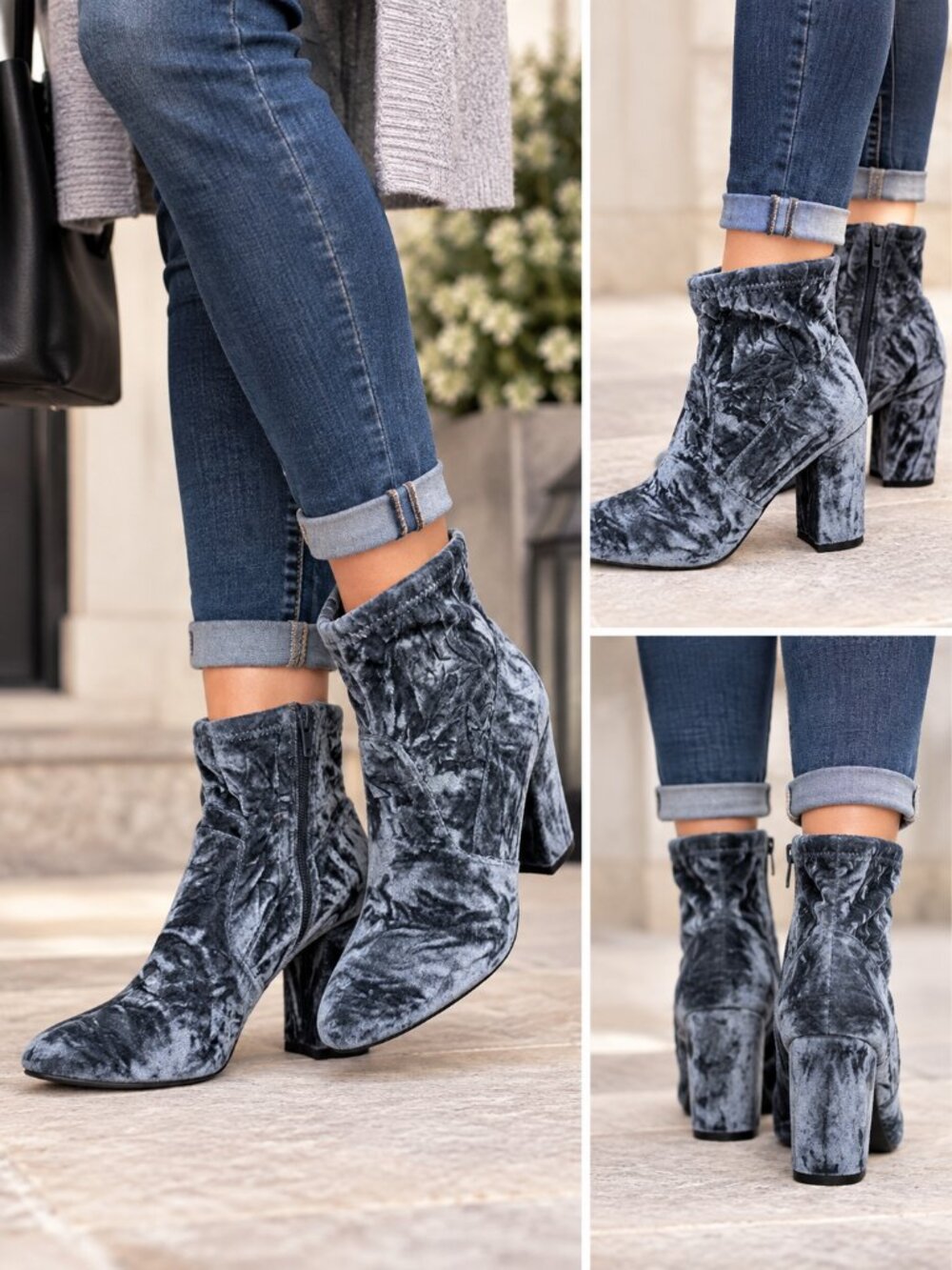 Steve Madden Blue Gray Crushed Velvet Block Heel Ankle Booties Size 8 NWOT